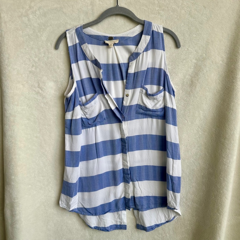 Cupio Blush Rayon Blue White Stripe‎ Sleeveless Hidden Placket Button Down Top M